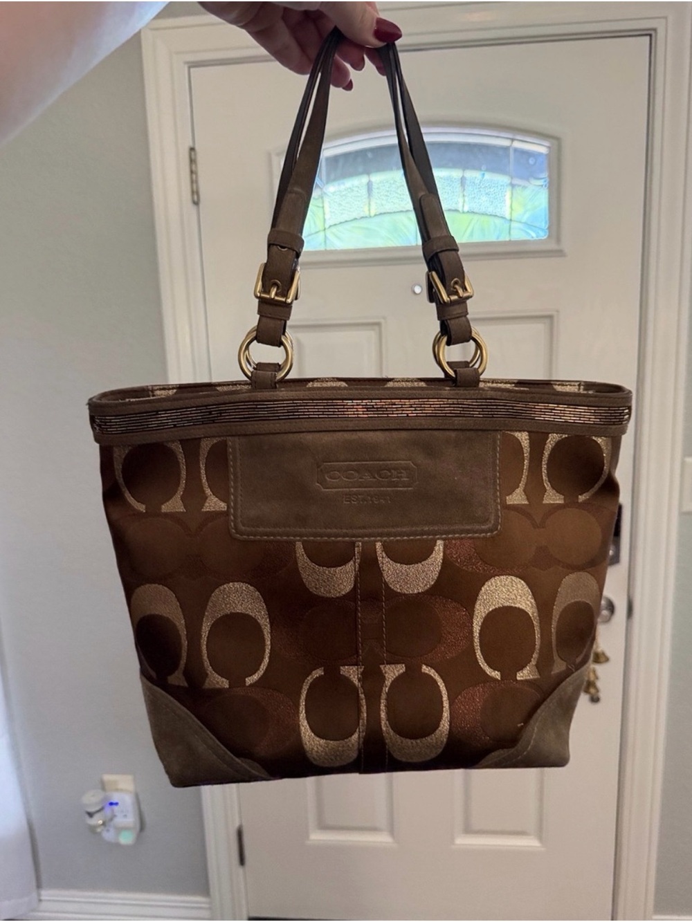 Coach Brown and Tan Signature Canvas Tote with beading